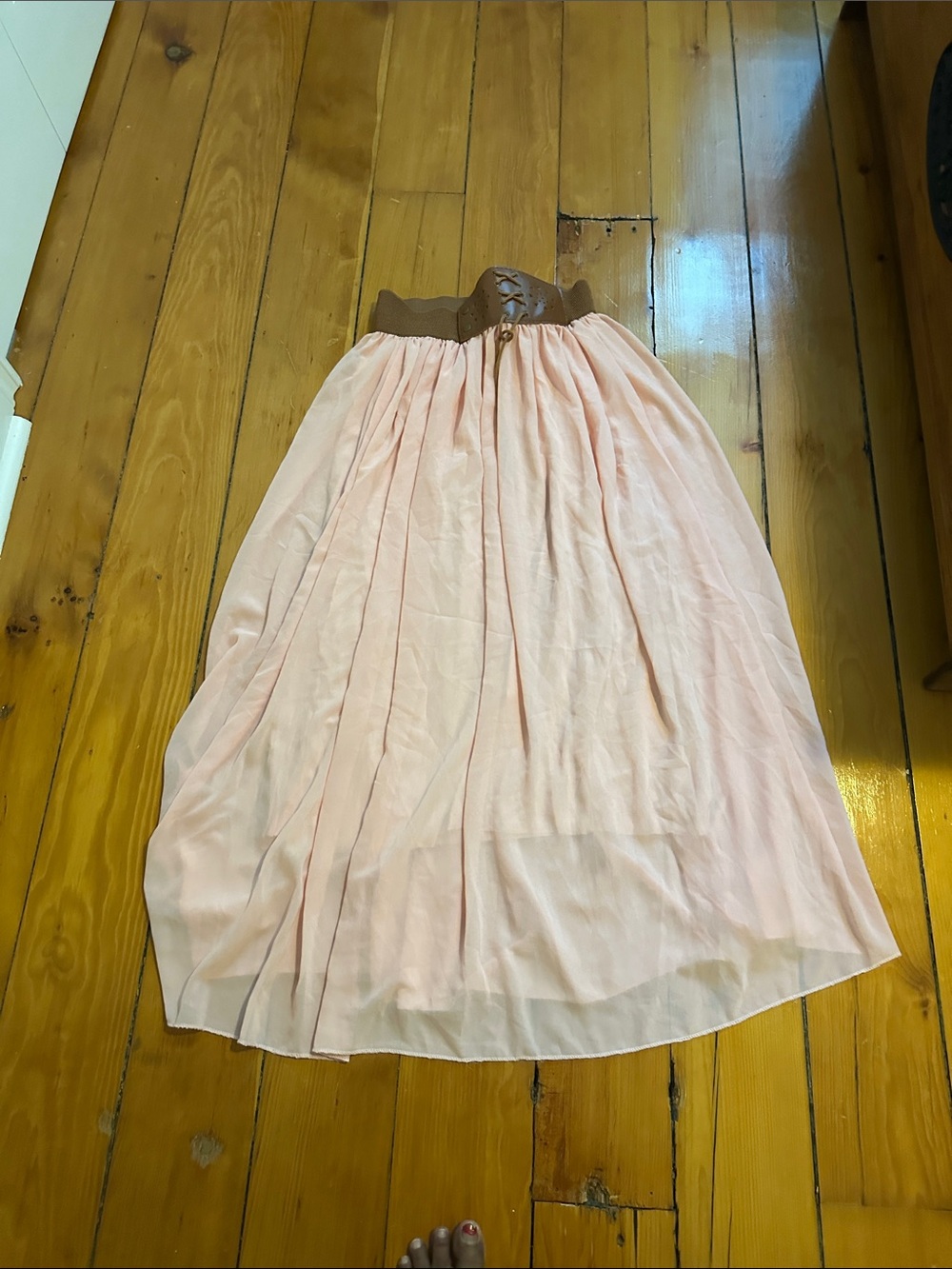 Pleated Pink Maxi Skirt with Brown Waistband